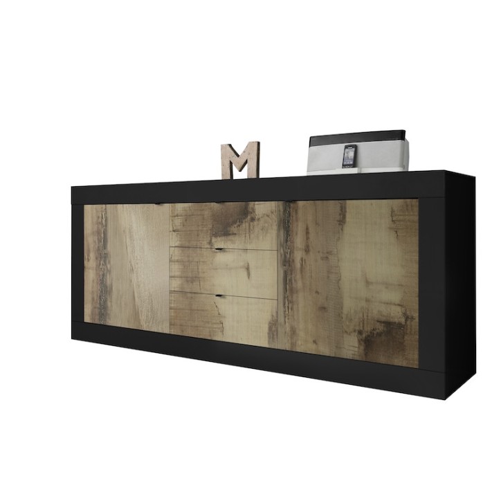 Buffet BASIC 2 portes 3 tiroirs noir mat/pero 210 cm Buffet BASIC 2 portes 3 tiroirs noir mat/pero 210 cm