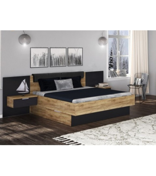 LUNA BED met hangnachtkastjes 180x200 cm Matte wash en lichte eik