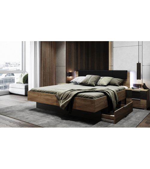 LIT LUNA avec tiroirs de rangement et chevets 180x200 cm Lave mat et chêne clair