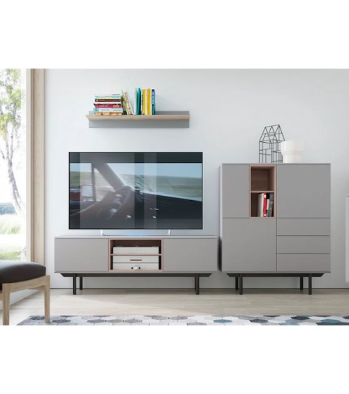 Ensemble meuble TV, buffet haut et étagère mural INOX gris