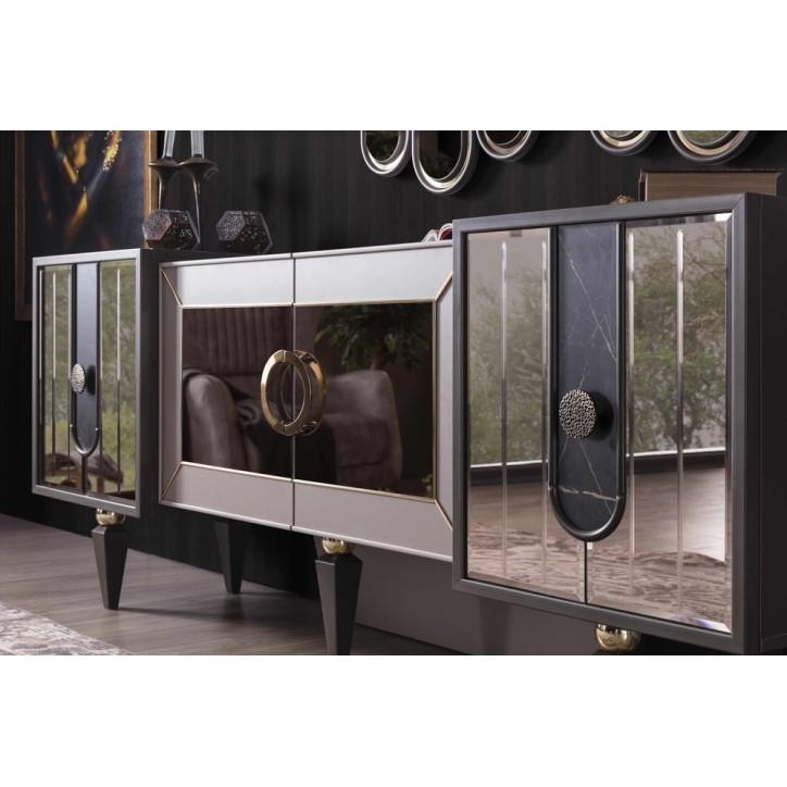 Salle à manger LISBONNE effet marbre, miroir et doré