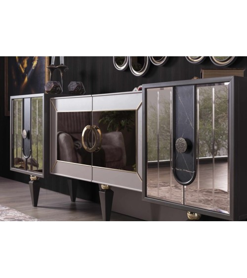 Salle à manger LISBONNE effet marbre, miroir et doré