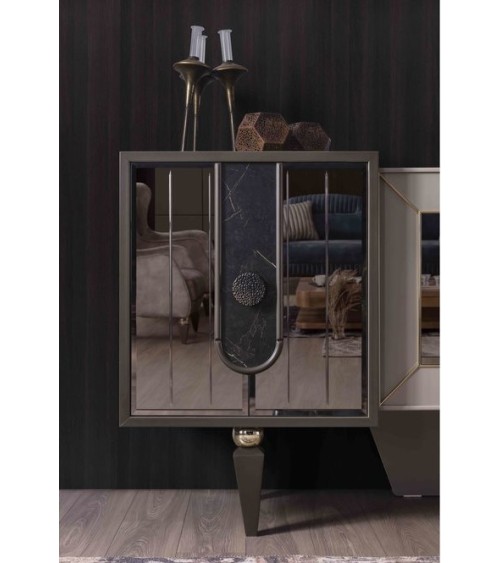 Salle à manger LISBONNE effet marbre, miroir et doré