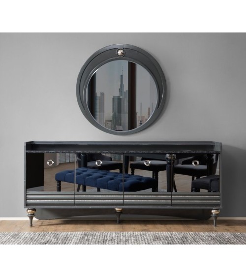 Buffet PUMA 4 portes + miroir 203 cm gris et miroir