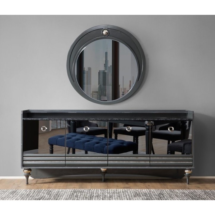 Buffet PUMA 4 portes + miroir 203 cm gris et miroir