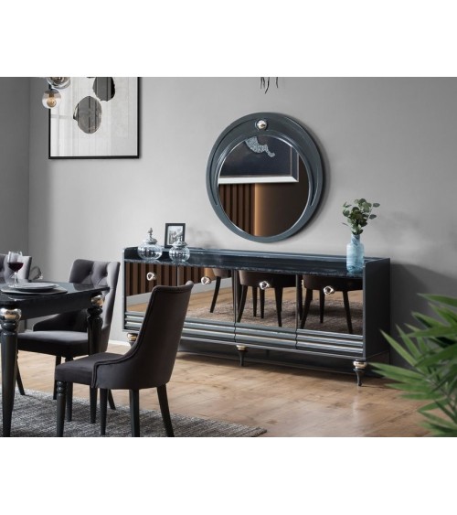 Buffet PUMA 4 portes + miroir 203 cm gris et miroir