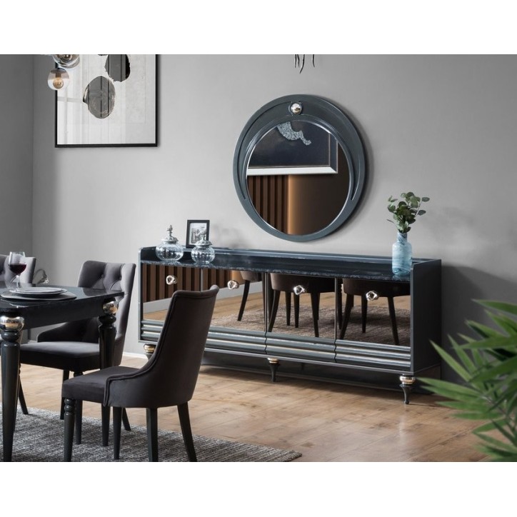 Buffet PUMA 4 portes + miroir 203 cm gris et miroir