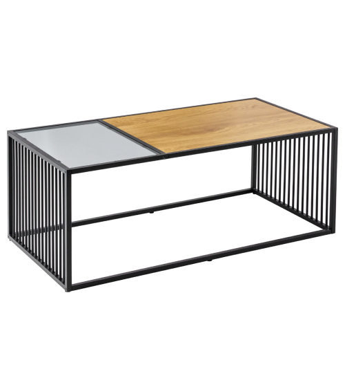 table basse ARCHITECTURE 100 cm au style chêne sauvage et verre fumé