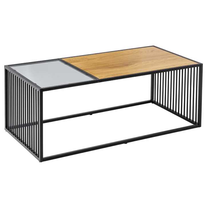 table basse ARCHITECTURE 100 cm au style chêne sauvage et verre fumé