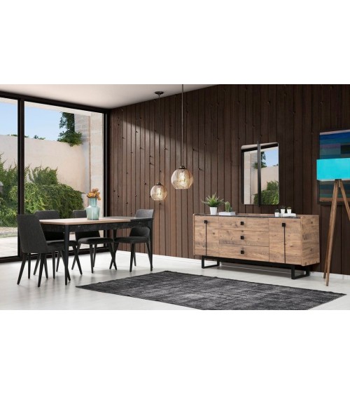 Salle à manger HEDEF bois, métal noir et effet marbre