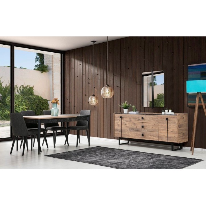 Salle à manger HEDEF bois, métal noir et effet marbre