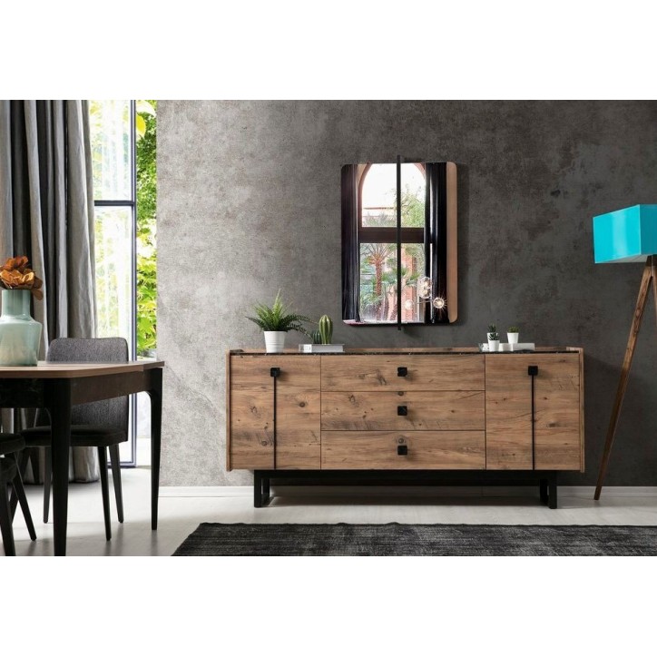 Salle à manger HEDEF bois, métal noir et effet marbre