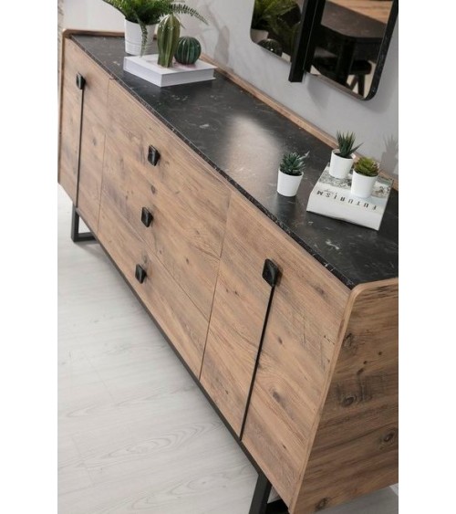 Salle à manger HEDEF bois, métal noir et effet marbre