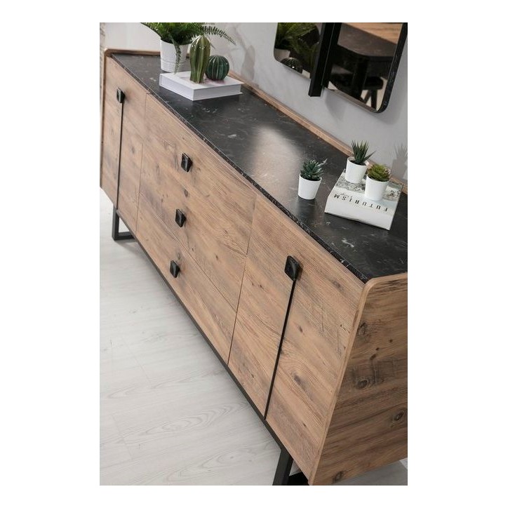 Salle à manger HEDEF bois, métal noir et effet marbre