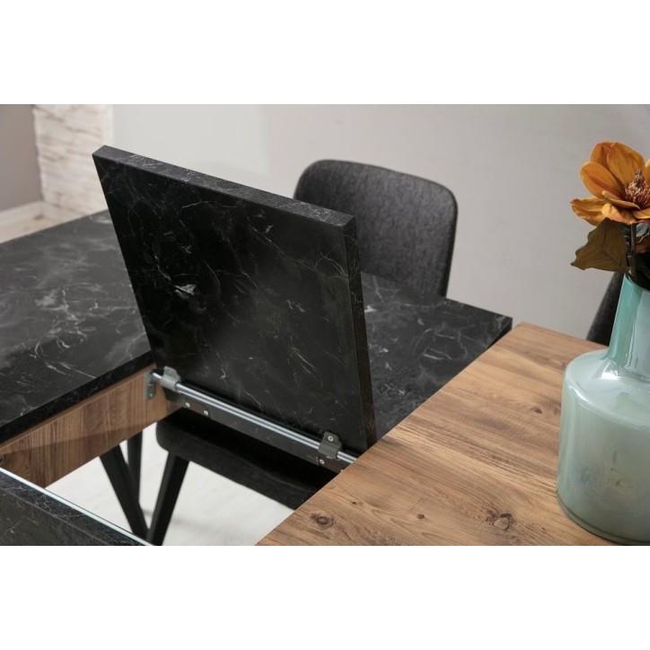 Salle à manger HEDEF bois, métal noir et effet marbre