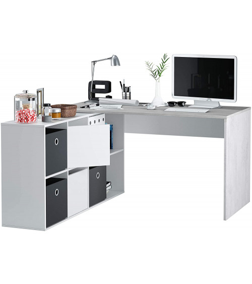 Scrivania modulare con contenitore - 4 posizioni di montaggio possibili, artik-concrete bianco