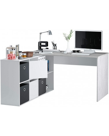 Bureau modulable avec rangement - 4 positions de montage possibles, blanc artik-béton