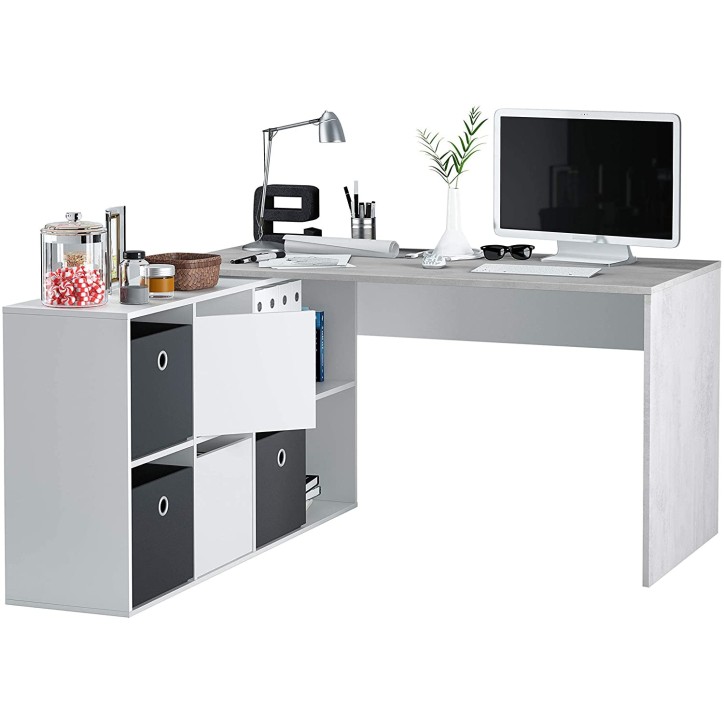 Scrivania modulare con contenitore - 4 posizioni di montaggio possibili, artik-concrete bianco