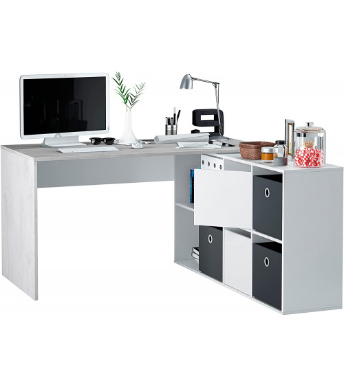 Scrivania modulare con contenitore - 4 posizioni di montaggio possibili, artik-concrete bianco
