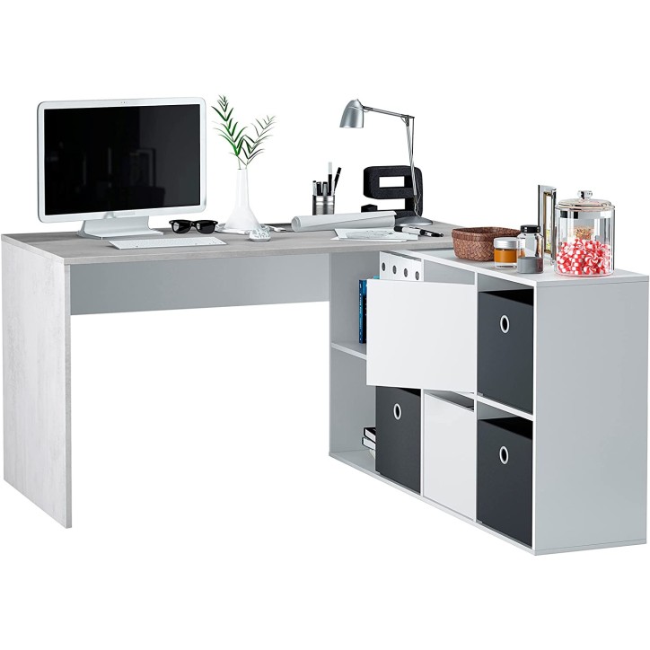 Bureau modulable avec rangement - 4 positions de montage possibles, blanc artik-béton