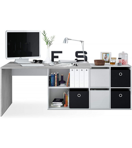 Bureau modulable avec rangement - 4 positions de montage possibles, blanc artik-béton