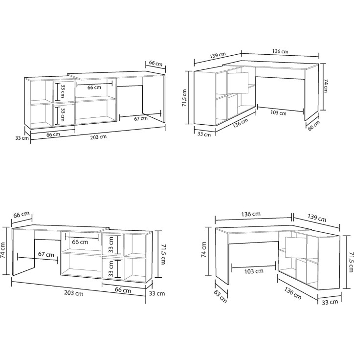 Scrivania modulare con contenitore - 4 posizioni di montaggio possibili, artik-concrete bianco