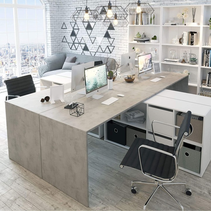 Scrivania modulare con contenitore - 4 posizioni di montaggio possibili, artik-concrete bianco