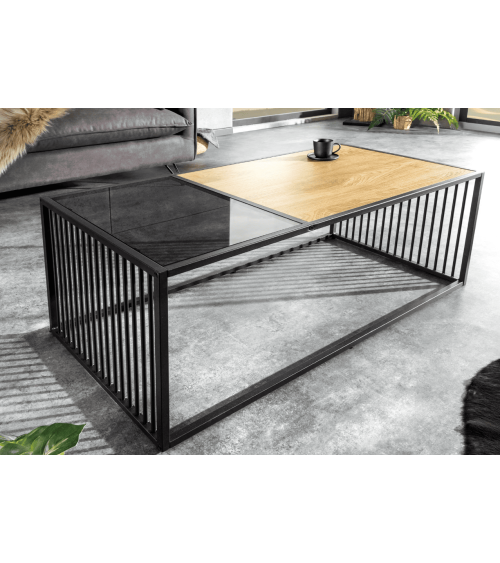 table basse ARCHITECTURE 100 cm au style chêne sauvage et verre fumé
