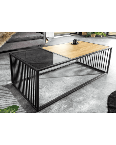 table basse ARCHITECTURE 100 cm au style chêne sauvage et verre fumé