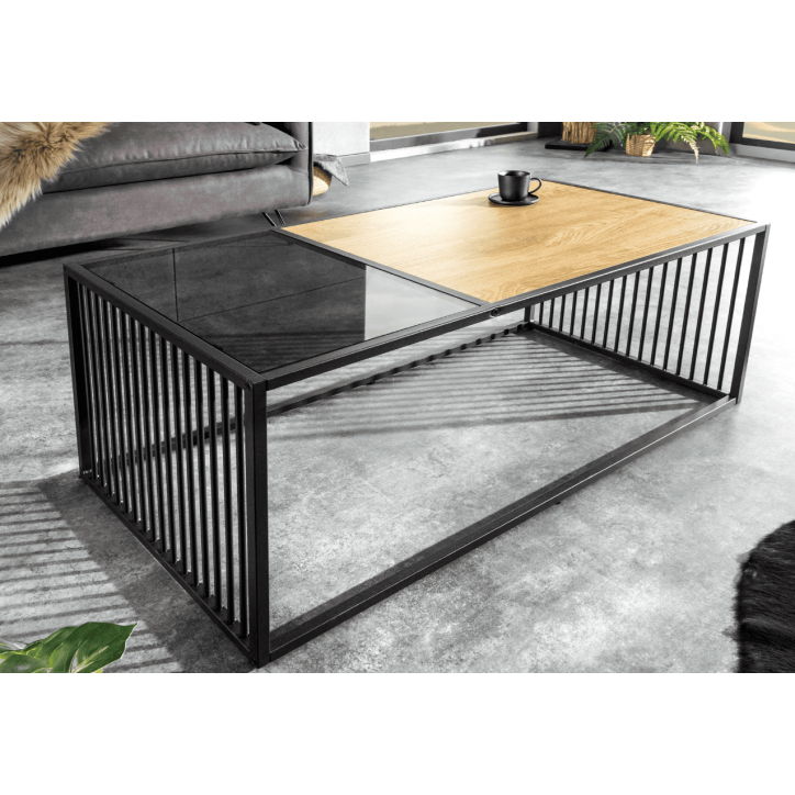 table basse ARCHITECTURE 100 cm au style chêne sauvage et verre fumé