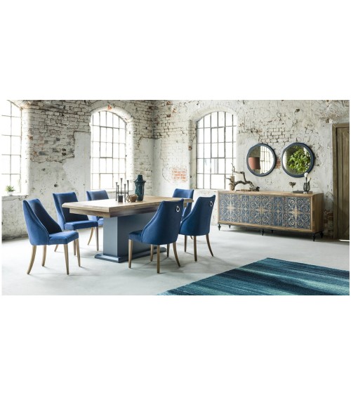 Salle à manger DREAM bois et motifs bleus