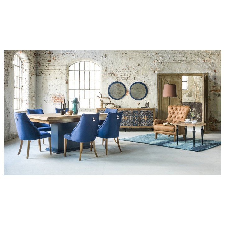 Salle à manger DREAM bois et motifs bleus