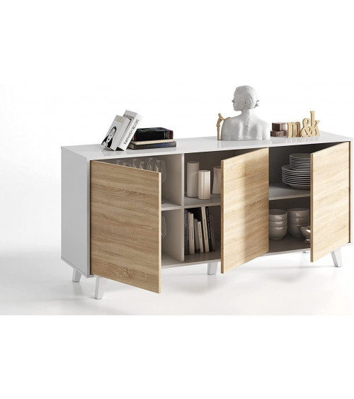 Aparador de 3 puertas 154 x 41 x 75 cm roble canadian-blanco brillo
