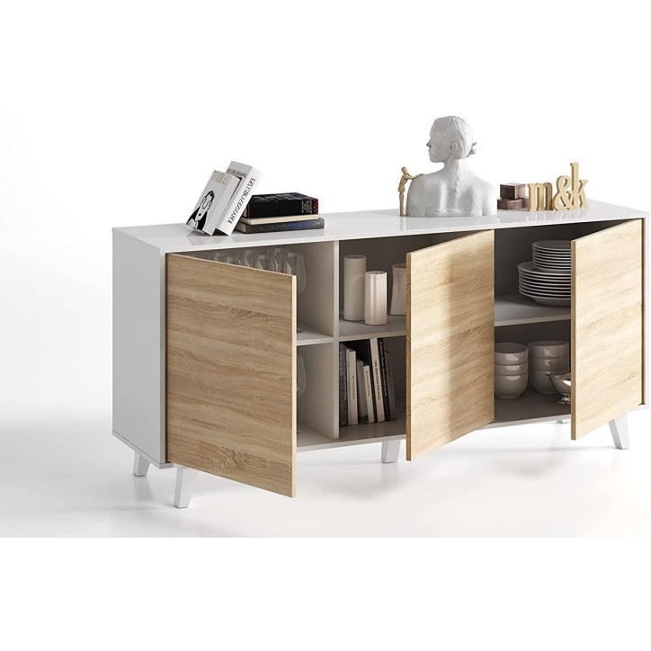 Credenza a 3 ante 154 x 41 x 75 cm - rovere e bianco lucido