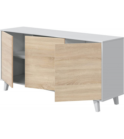 Credenza a 3 ante 154 x 41 x 75 cm rovere canadese bianco lucido