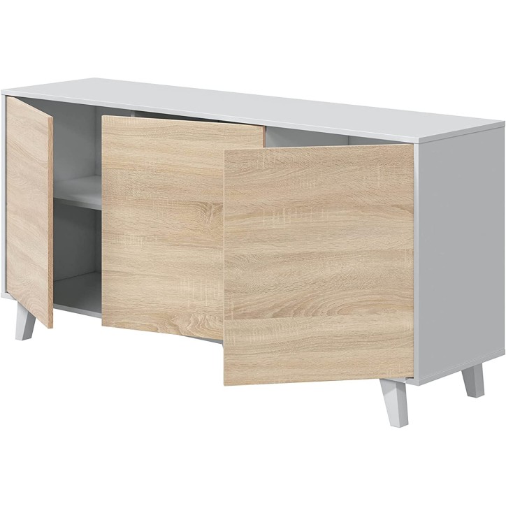 Credenza a 3 ante 154 x 41 x 75 cm - rovere e bianco lucido