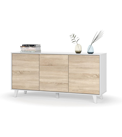 Credenza a 3 ante 154 x 41 x 75 cm rovere canadese bianco lucido
