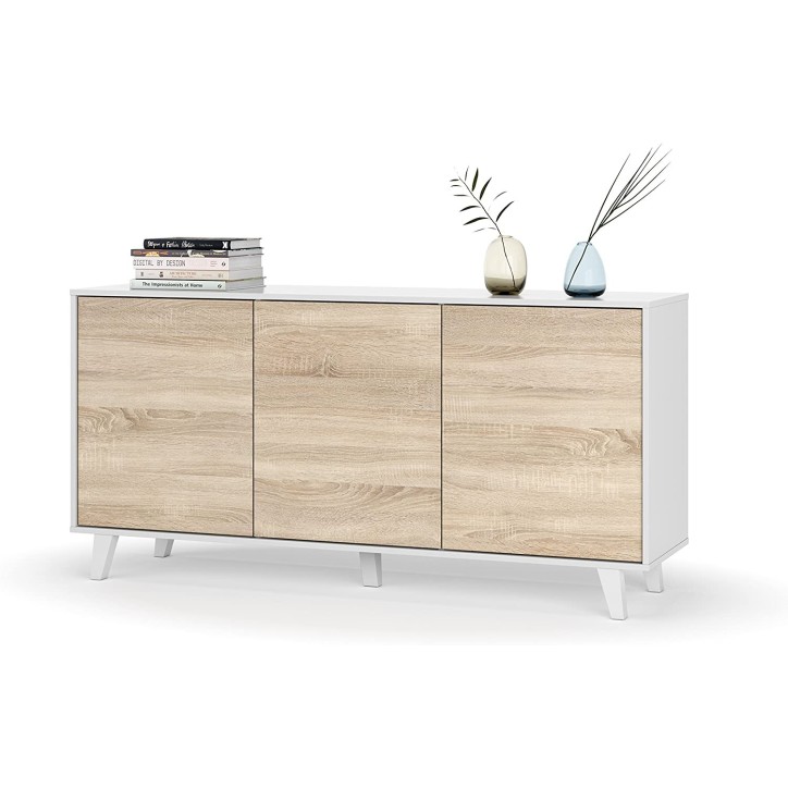 Aparador de 3 puertas 154 x 41 x 75 cm roble canadian-blanco brillo
