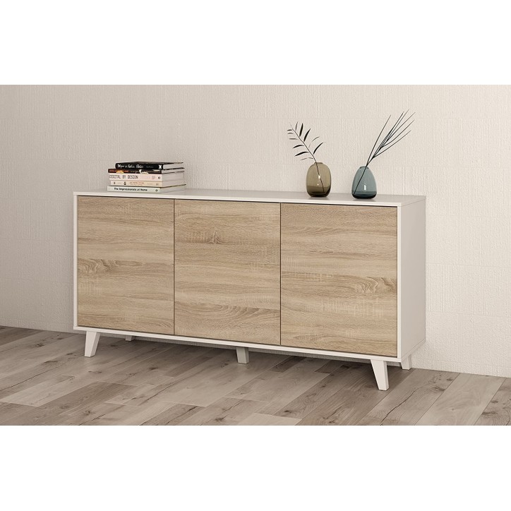 Aparador de 3 puertas 154 x 41 x 75 cm roble canadian-blanco brillo