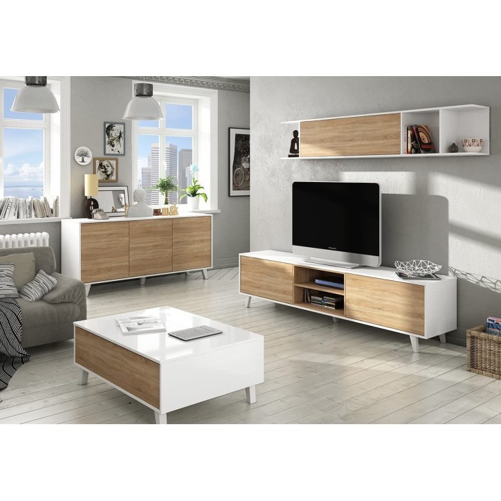 Buffet 3 portes 154 x 41 x 75 cm chêne canadian-blanc brillant