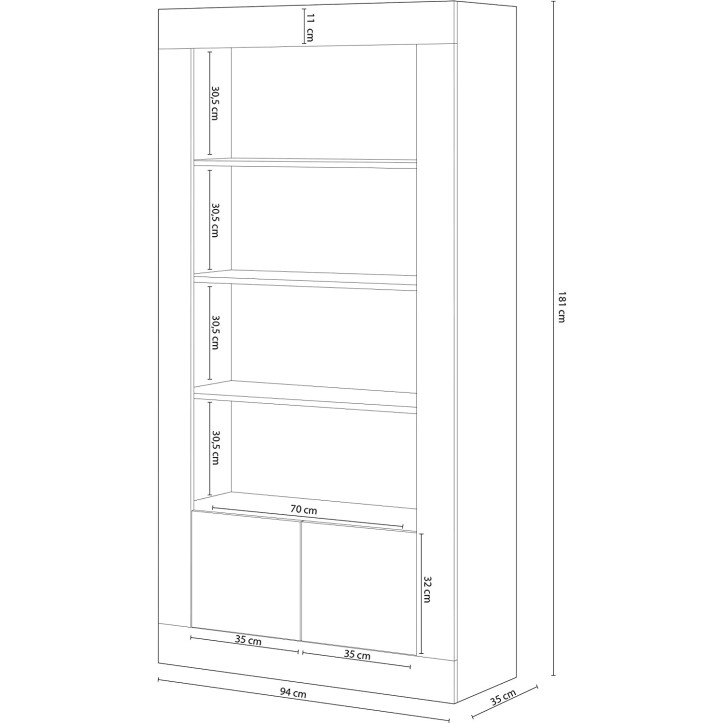 Boekenkast 4 planken + 2 deuren 94 x 35 x 181 cm artik wit-gepolijst wit