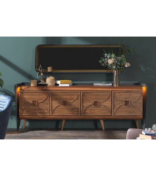 Buffet CURVE 4 portes + miroir 225 cm noyer