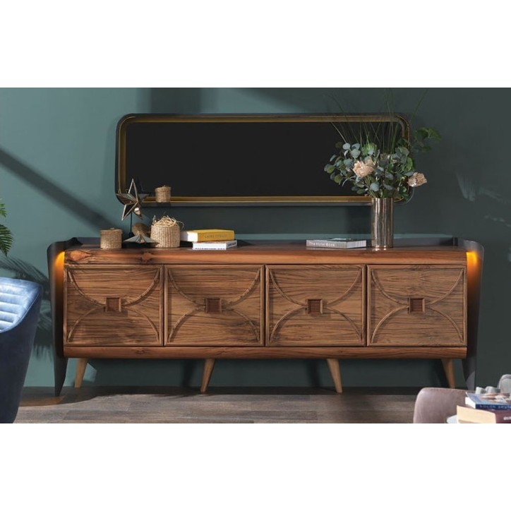 Buffet CURVE 4 portes + miroir 225 cm noyer