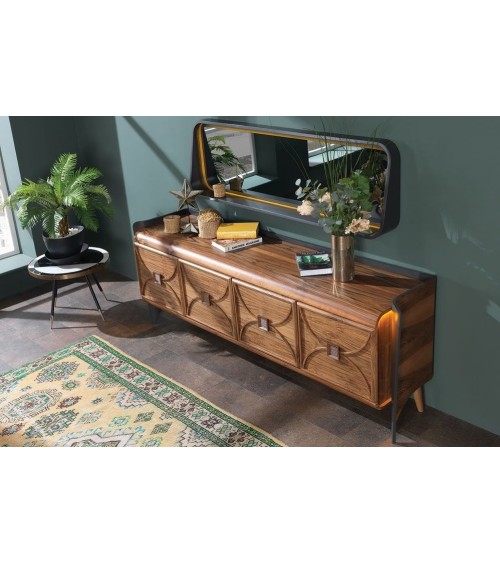 Buffet CURVE 4 portes + miroir 225 cm noyer