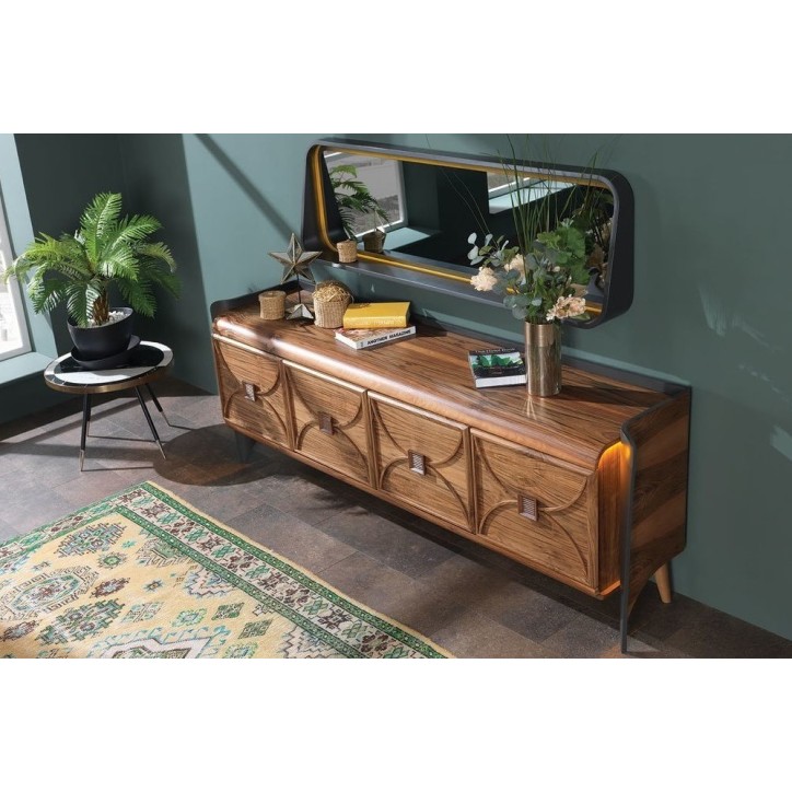 Buffet CURVE 4 portes + miroir 225 cm noyer