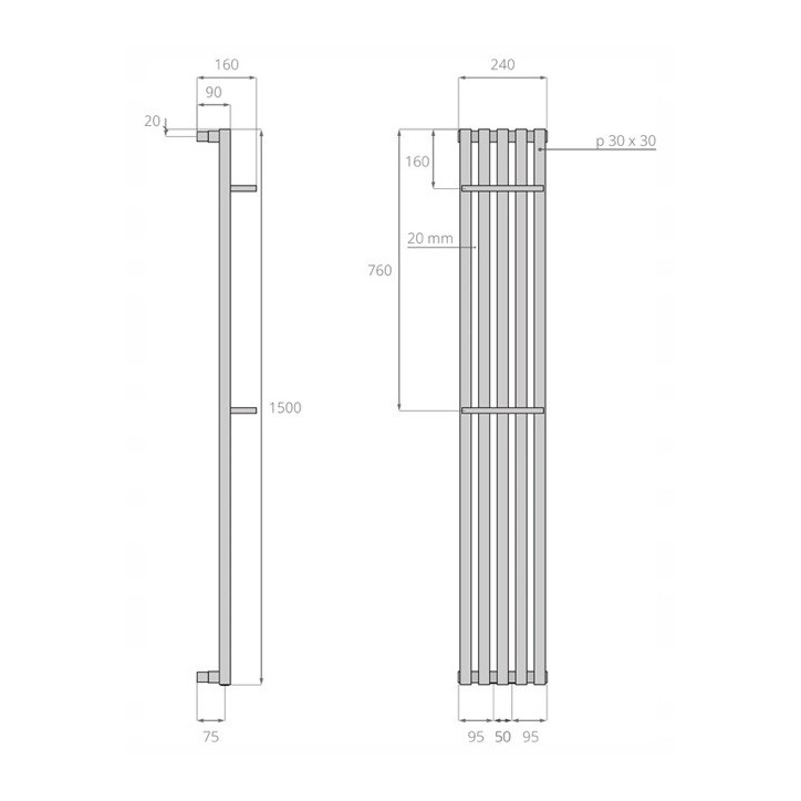 Q-ESTO 150x24cm wandradiator in verschillende kleuren