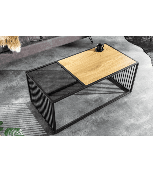 table basse ARCHITECTURE 100 cm au style chêne sauvage et verre fumé