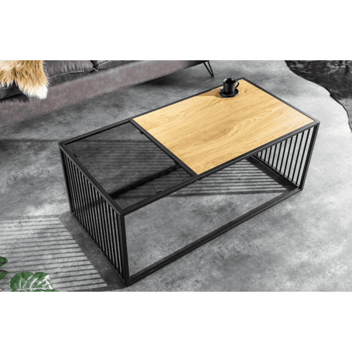 table basse ARCHITECTURE 100 cm au style chêne sauvage et verre fumé