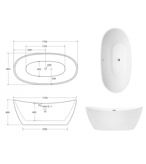 Vasca da bagno freestanding AYLA GLAM GRAPHITE 170 x 80 cm