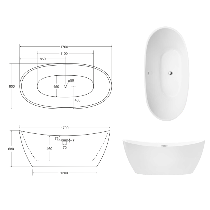 Bañera independiente AYLA GLAM GRAPHITE 170 x 80 cm